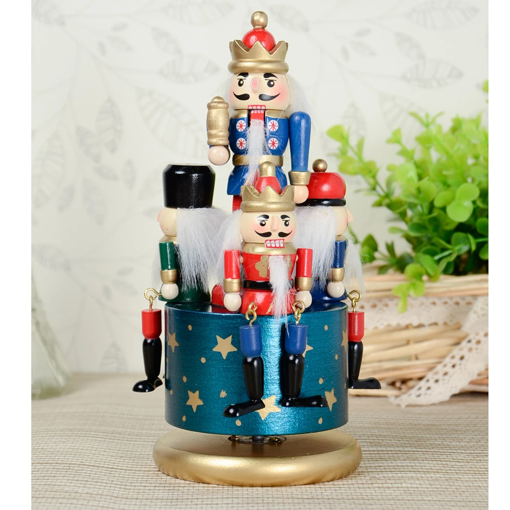  Handmade Wooden Nutcracker Music Box w/ 4 Soldiers on Base for Home Ornament Table Decorations Christmas Decor Display Gift Toy