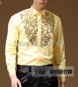 Golden/Black/Royal Blue/Red Sequins Beading Collar Front Mens Tuxedo Party/Event Shirts