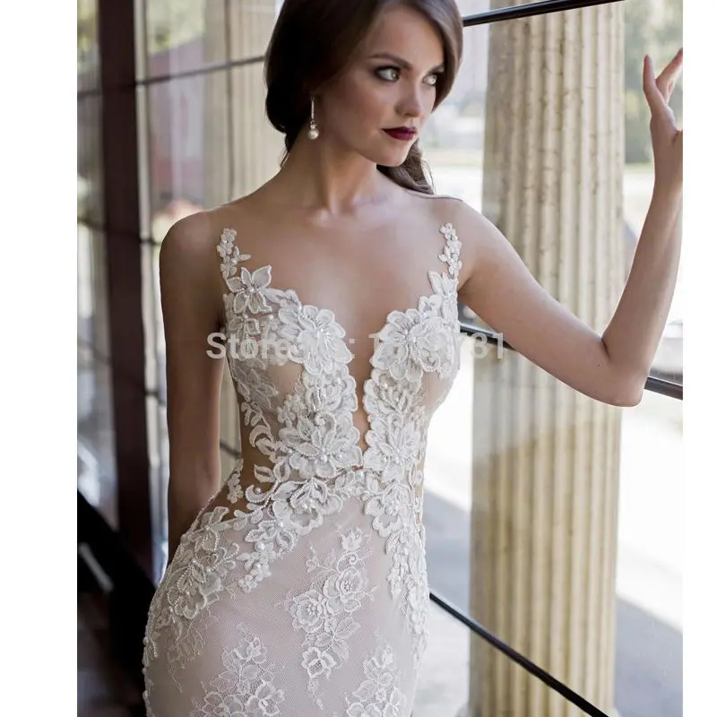 

2020 Lace Wedding Dresses with Detachable Skirt Mermaid Wedding Gowns Backless Plunging Neckline Sexy New Arrival Bridal Gowns