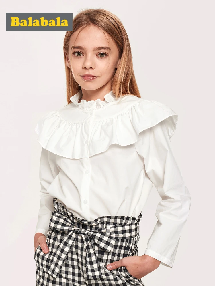 Balabala/блузка с оборкой для девочек с гофрированным воротником; детская блузка для девочек-подростков; весенне-осенняя одежда с длинными рукавами