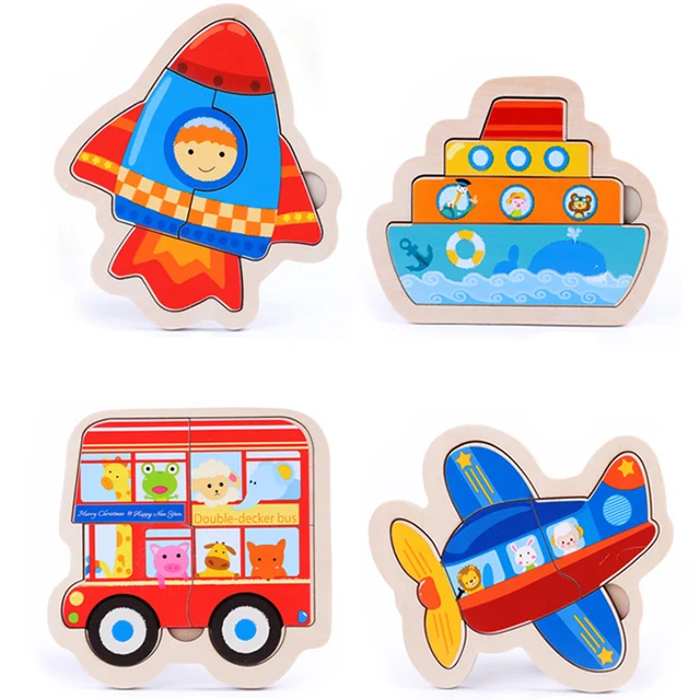 Wooden Baby Toy 3D Puzzles Jigsaw Board Colorful Animals Vehicles Fruts Cartoon Shapes Puzzle Toy for Children Baby Boys Girls 6