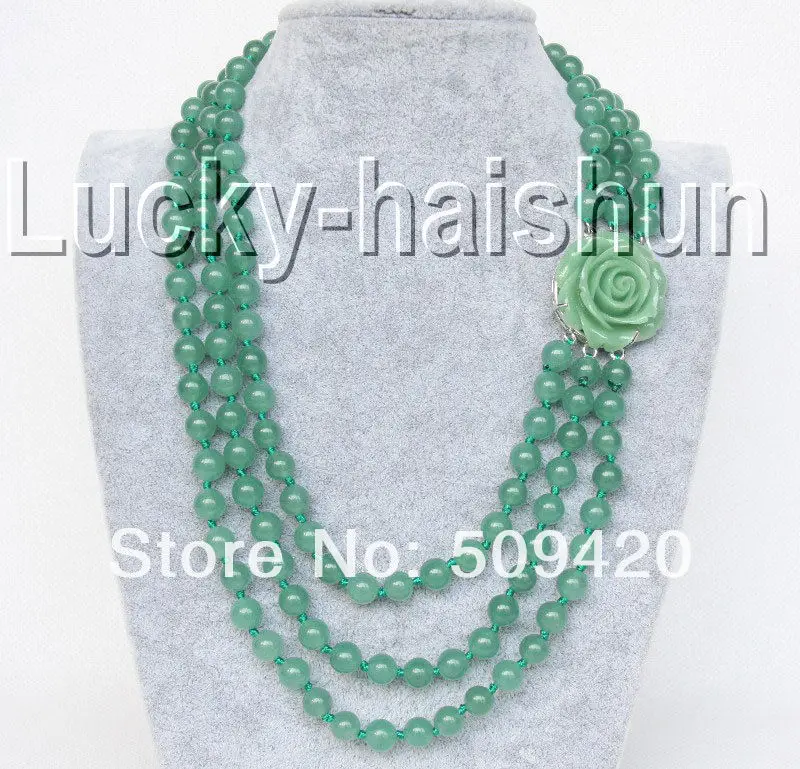 

Free Shipping Wholesale>Genuine 17"-19" 8mm 3row round green jade bead necklace #@