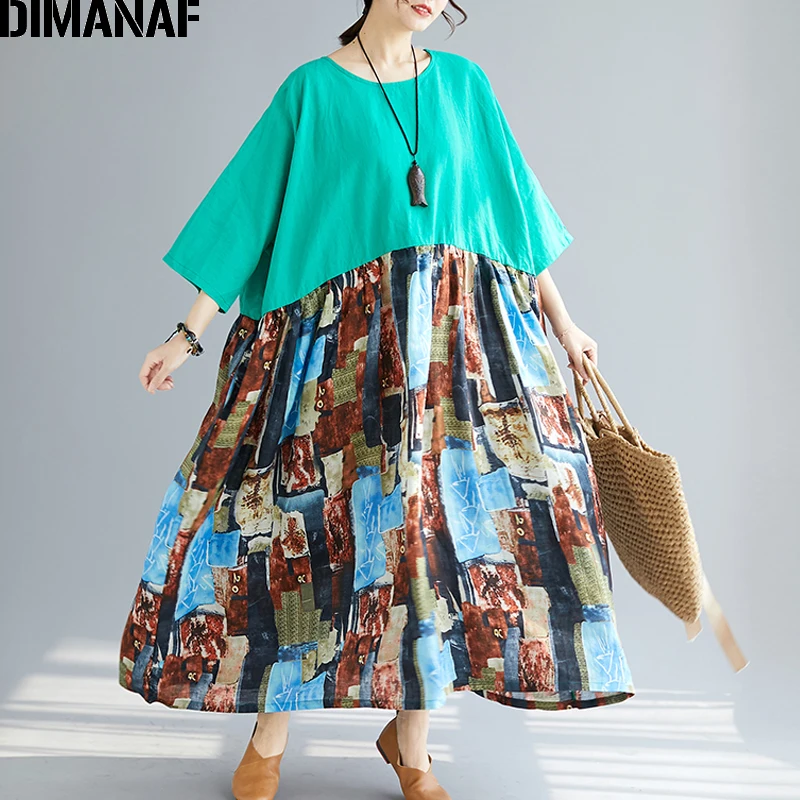 

DIMANAF Plus Size Women Beach Dress Big Size Female Vestidos Sundress Summer Cotton Print Spliced Loose Lady Maxi Dress 5XL 6XL