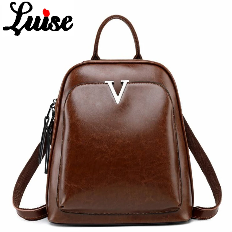 

LUISE Brand 2019 New Genuine Leather Retro Backpack Female Brown Shoulder Bag Simple Oil Wax Leather Leisure Travel Backpack