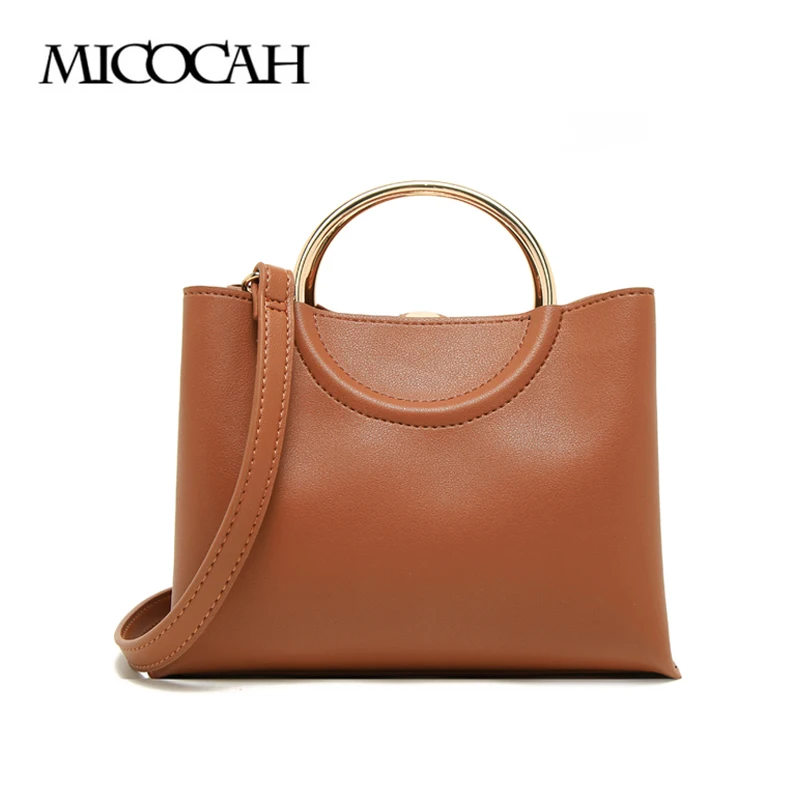 

MICOCAH Fashion Women Handbags Metal Ring Cross Body bag Brown/Black Color PU Leather GL30045