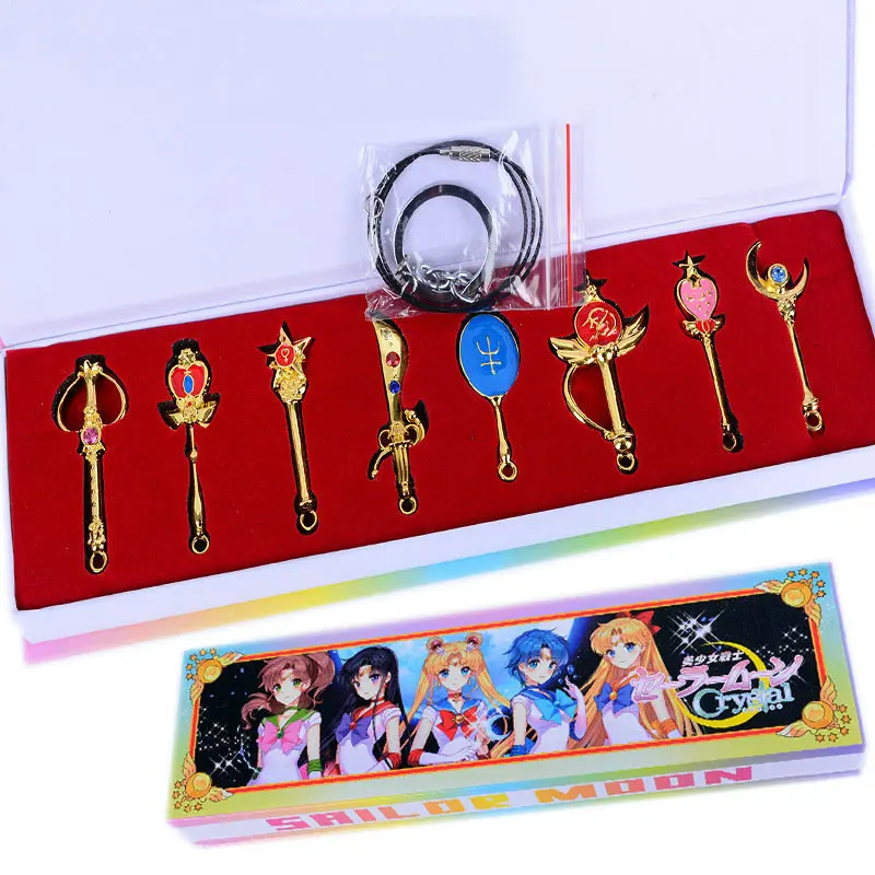 

8pcs Anime Cosplay Gold Silver Sailor Moon Pretty Guardian Tsukino Usagi Keychain Necklace Weapons Pendant Unisex