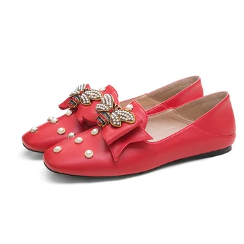 

2019 Fashion pointed flat shoes female spring autumn new real leather flat shoes shallow black red nude women's shoes