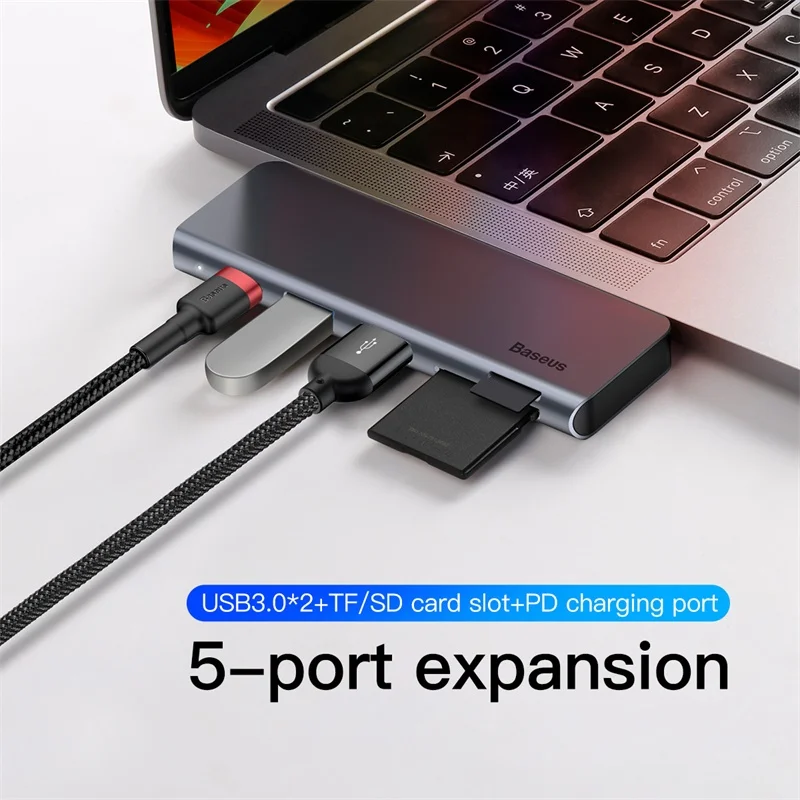 Baseus серый 5 в 1 концентратор адаптер Usb Тип C к USB 3,0*2/SD/TF для Macbook Pro Компьютерный Аксессуар с Тип C Мощность PD