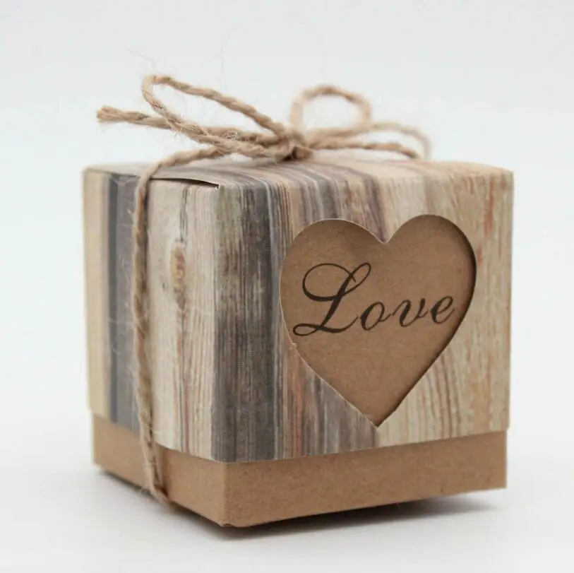 50 шт./лот романтическое сердце коробка конфет для свадебного украшения Винтаж Kraft свадебные сувениры и подарки коробка с канат джутовый Chic