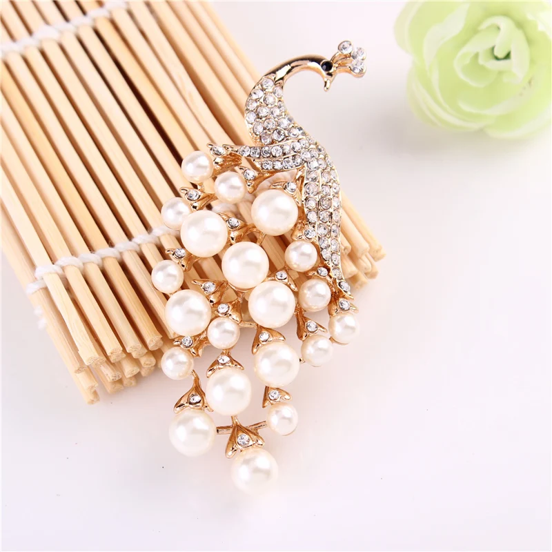 Elegant Pearl Peacock Bouquet Brooch Animal Peacock Brooch Pins Rhinestone Feather Brooches Women Wedding Bridal Party Jewelry-2