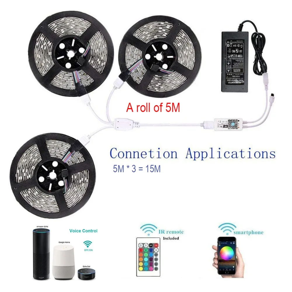 Смарт-Управление; Wi-Fi, Управление RGB светодиодный светильник лента 5 м 10 м 15 М 5050 Водонепроницаемый IP65 Неон Рождественский гибкий светильник 12V 5A адаптер