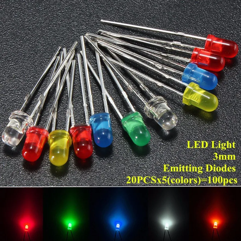 

100pcs/set 3mm 5 Colors LED Emitting Diodes Light Kit Round Top Diffused White Yellow Red Blue Green Assortment For DIY Lighting