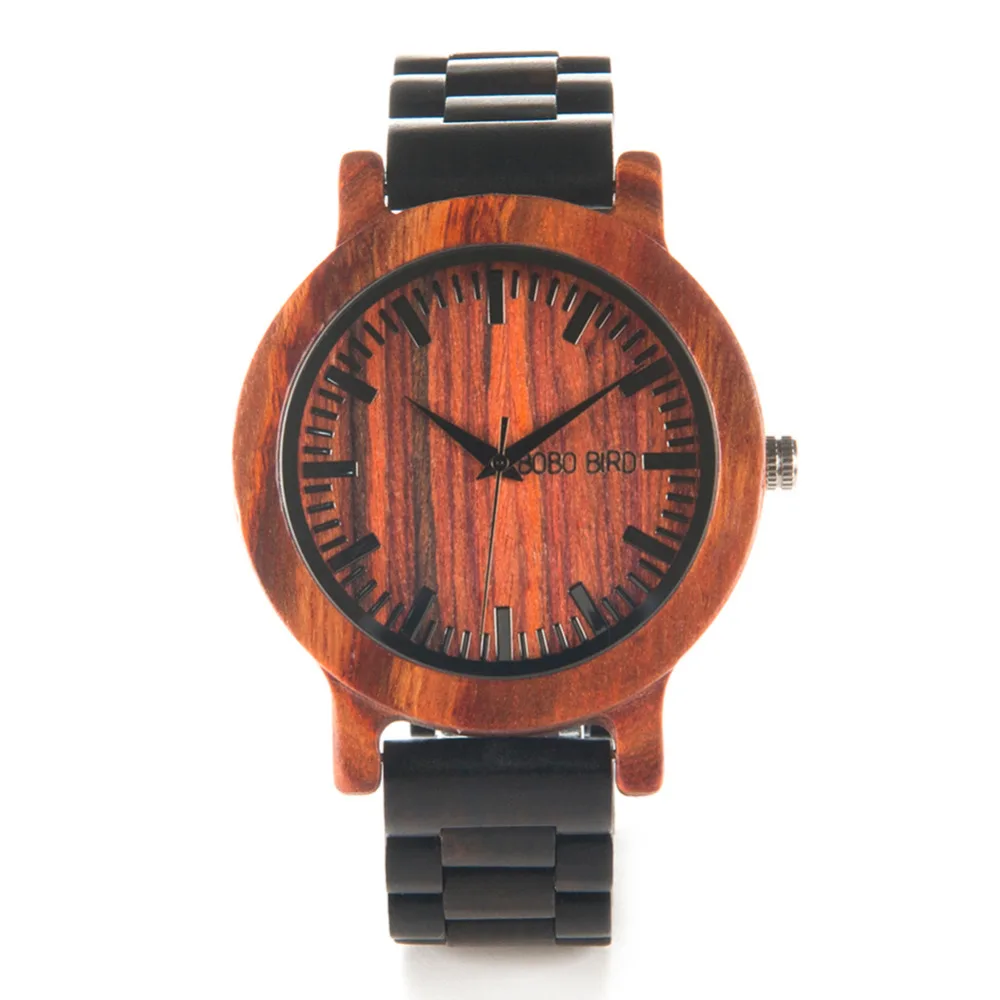 BOBO BIRD LM05 Men Red Sandalwood Dial Ebony Strap Vintage Style Watch Erkek Quartz Clock in Gift Box