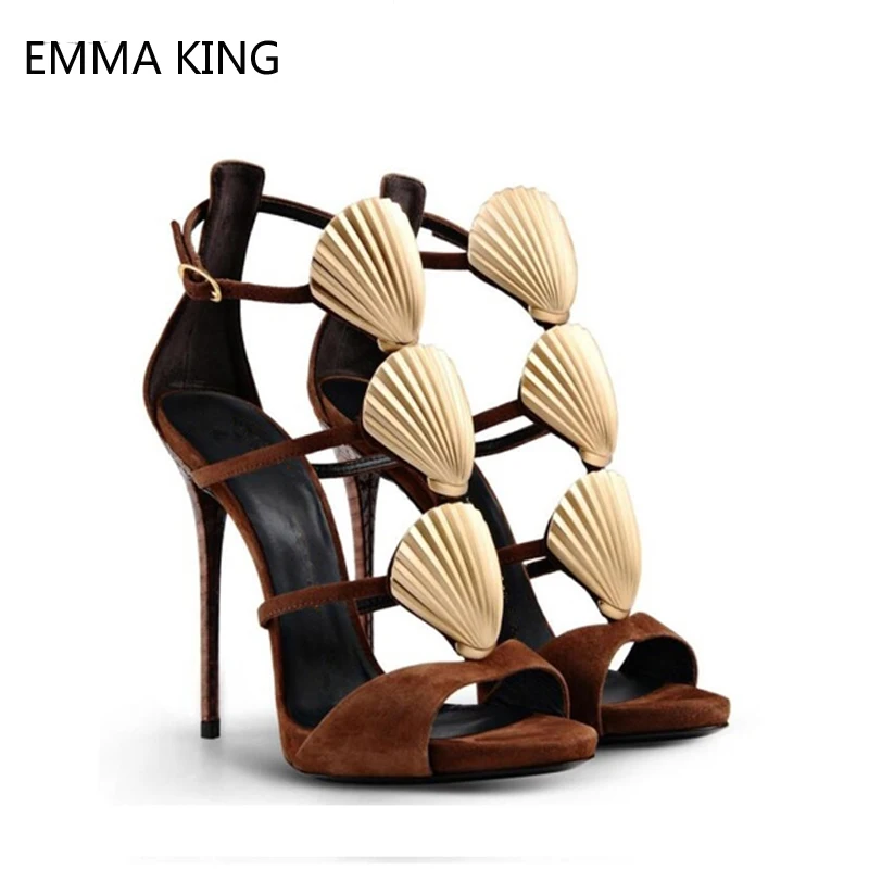 

Brown Flock Sandals Female Scallops Ankle Strap Sexy Thin High Heels Summer Shoes Women Shelly Open Toe Buckle Ladies Sandals