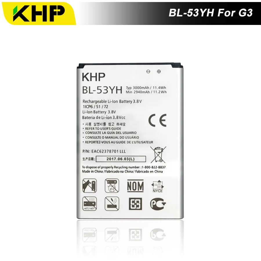 2019 KHP новый 100% BL-53YH аккумулятор для телефона LG G3 D855 D850 D858 D859 F460 настоящий 3000 мАч