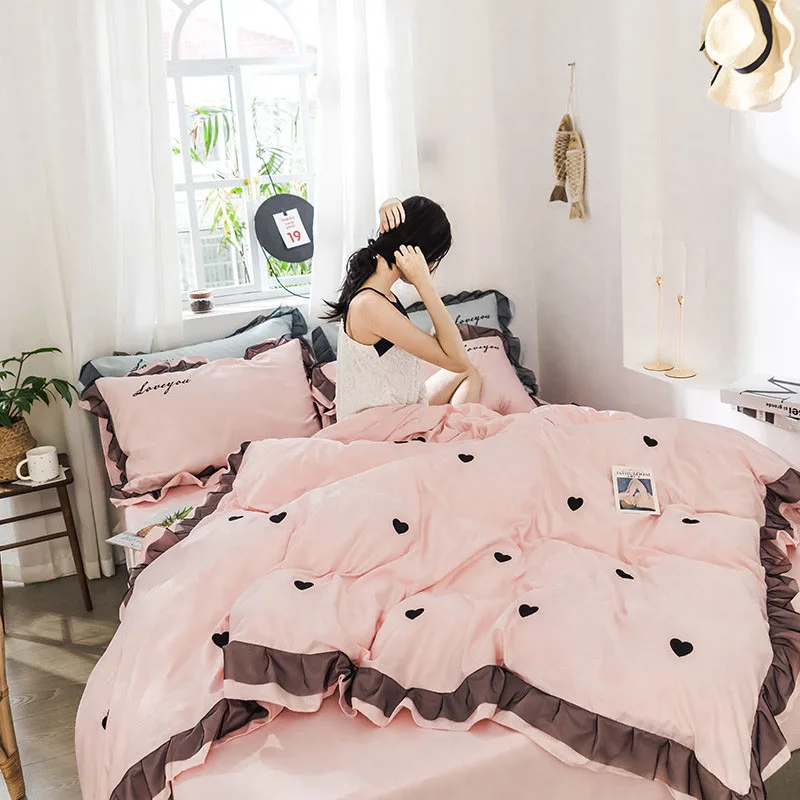 

Luxury Style Embroidery Bed Set 3 4pcs Duvet Cover Pillowcase Bed Sheet Lotus Pink Green Wine Red Light Blue Dark Grey Love