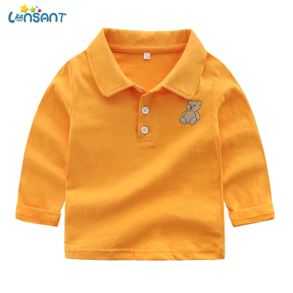 LONSANT/хлопковая Однотонная рубашка для маленьких мальчиков и девочек, осенне-весенние топы с длинными рукавами для малышей, пуловер с вышитым медведем из мультфильма, футболка