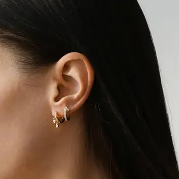 

cute simple mini hoop earring gold color two bezel cz charm minimal women girl gift multi piercing fashion delicate jewelry