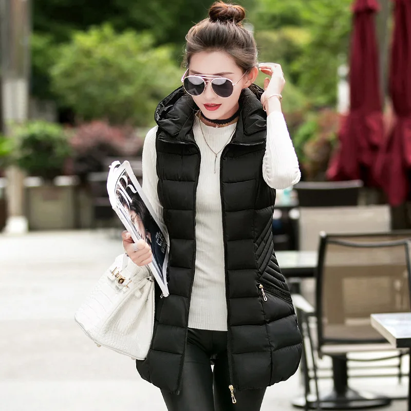 Women Winter Vest Waistcoat 2016 Women Long Vest Sleeveless Jacket Hooded Down Cotton Warm Vest Female Outerwear Plus Size L-3XL