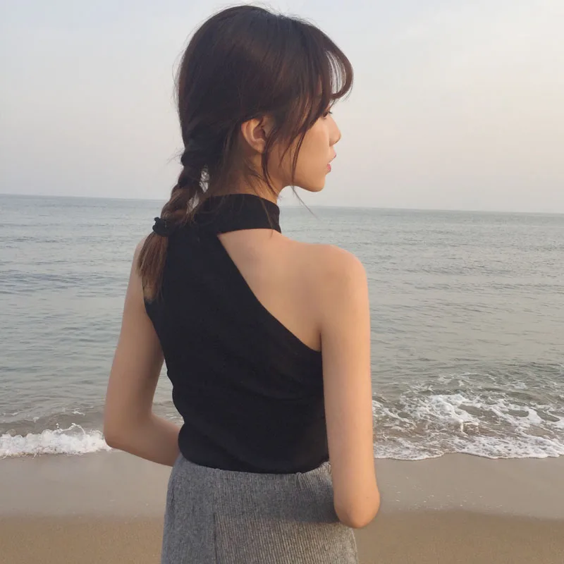 

Women Sexy Tank Top Sleeveless Off-shoulder Slim Knitted T-shirt Summer New Fashion Black Bottom Jacket Tight Dress Streetwear