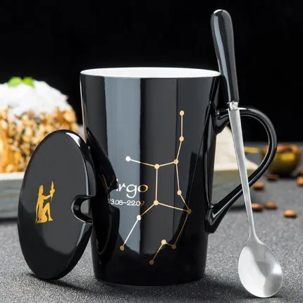 12 унций Созвездие креативные керамические кружки, кофейная кружка с крышкой ложки большой емкости чашки и кружки для чая tasse chat - Цвет: 18 (Virgo)