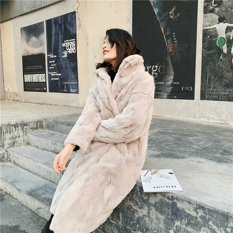 OFTBUY натуральным лисьим мехом пальто зимняя куртка Для женщин из натурального кроличьего меха с длинным пальто со стоячим воротником уличная Теплая верхняя одежда - Цвет: beige grey