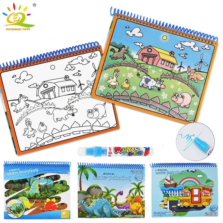 

HUIQIBAO TOYS Animal Dinosaur Water Drawing Book with Magic Pen Doodle Painting Coloring Books Board Learning toys for children