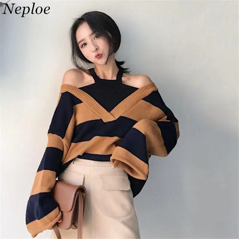 

Neploe Stripe Patchwork Sweater Halter Strapless Knitted Pullover Women Clothes Long Sleeve Oversized Sweaters Top Jumpers 37253