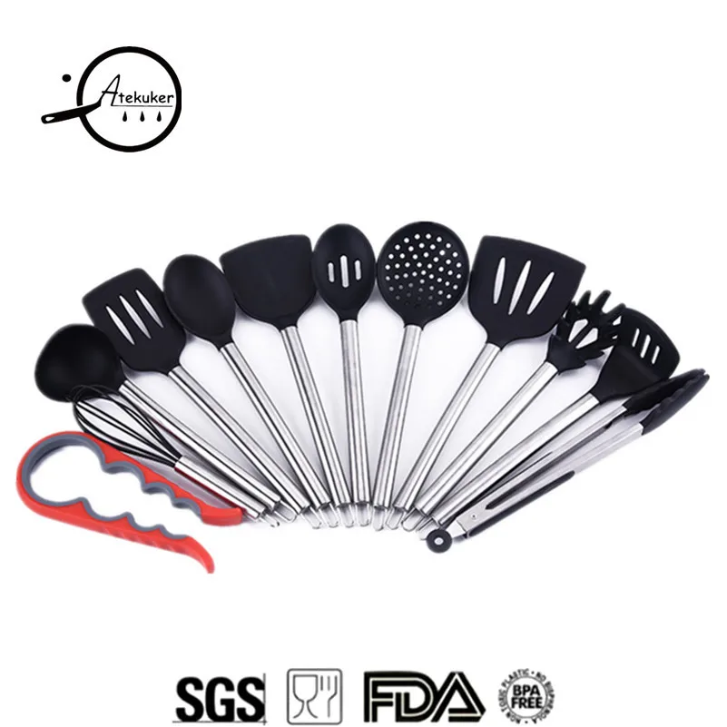 Atekuker 12Pcs Kitchen Utensils Cooking Ladle Spoon Slotted Turner Egg Beater Food Clip Spaghetti Tool Bottle Opener Kitchenware