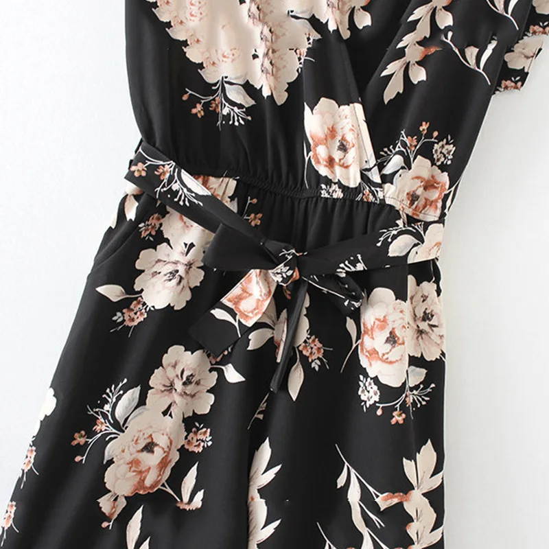 Women Vintage V Neck Floral Jumpsuits Wide Leg Pants Sashes Pleated Elastic Waist Rompers Summer Casual Playsuits