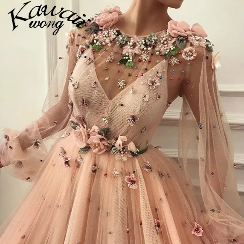 

Champagne Evening Dresses Fashion Lace Appliques Arabic Sexy O-neck Evening Dress Party Formal Elegant Evening Gown KW0118
