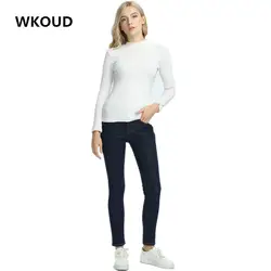 Wkoud 2017 Зимние джинсы Для женщин теплые флисовые джинсовые штаны Две кнопки Высокая Талия Модные узкие джинсовые брюки, штаны P8019