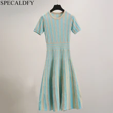 Женское трикотажное платье-свитер, летние вязаные платья, высокое качество, модные брендовые элегантные платья в полоску, вечерние платья для женщин