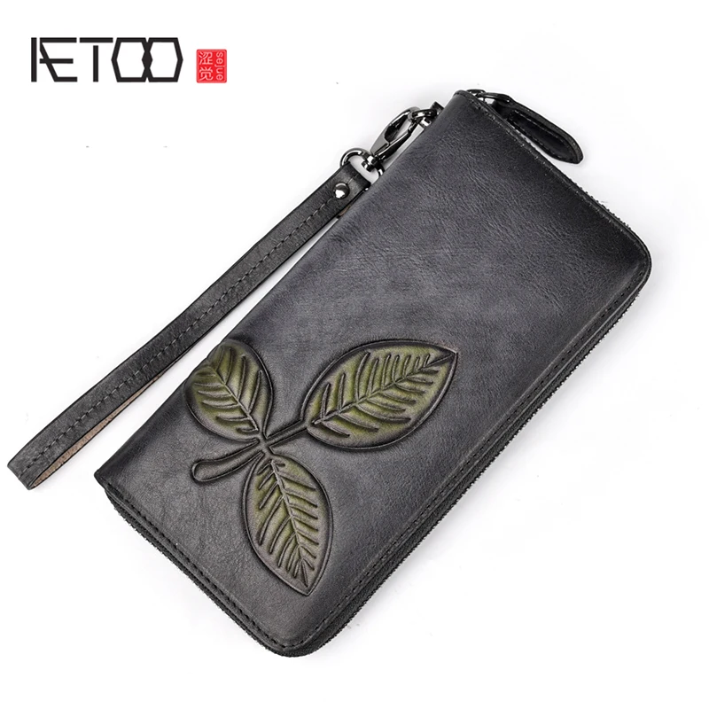 

BJYL New European and American long retro zipper wallet leather male and female multi-card head cowhide casual hand Bag