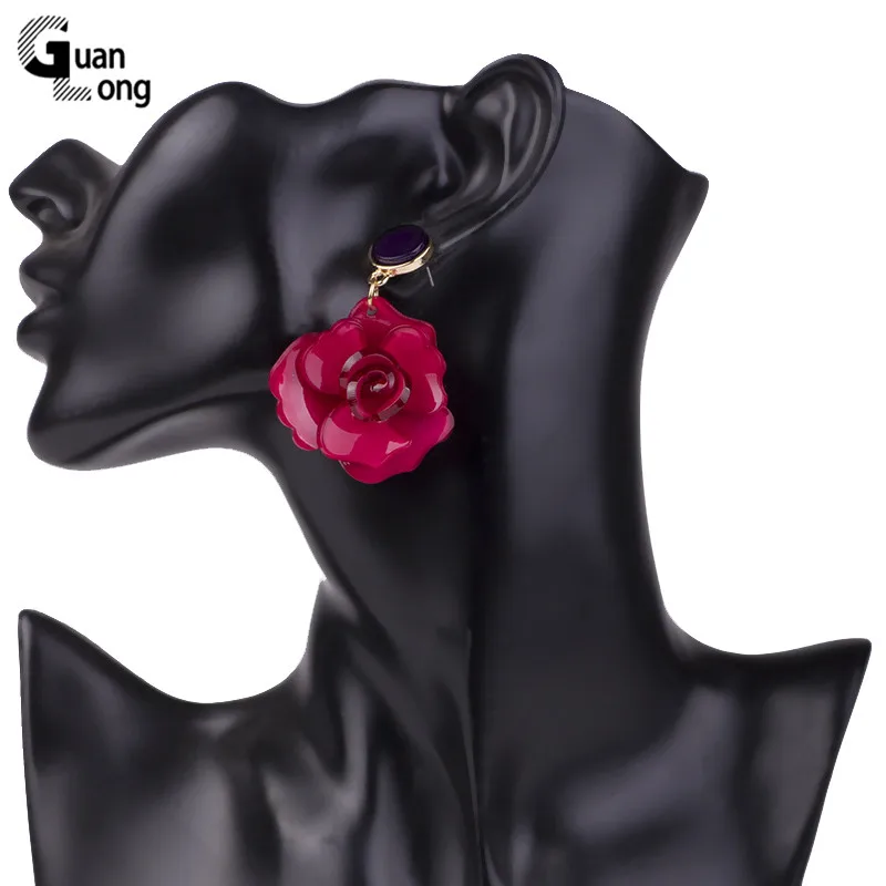 Guanlong Vintage Elegant Long Acetic Acid Acrylic Flower Earrings for Women Metal Acetate Resin Earings Fashion Jewelry Brincos (6)