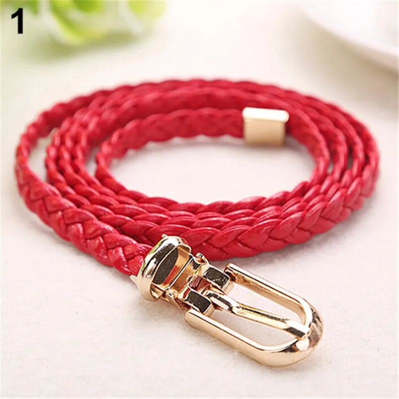 

Women Braided PU Leather Narrow Thin Buckle Strap Waist Belt All-Match Waistband 9TP4