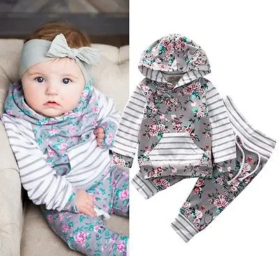 

Fashion Floral Newborn Baby Girls Clothes Stripe Hooded Tops +Pants 2Pcs Outfits Set