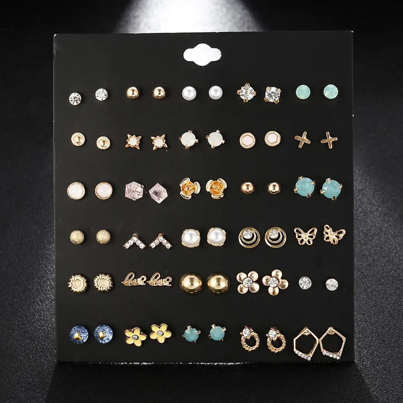 

Winterxue 30Pairs/Set Elegant Crystal Stud Earrings For Women Cross Flower Butterfly Small Mixed Earrings Set Piercing Jewelry
