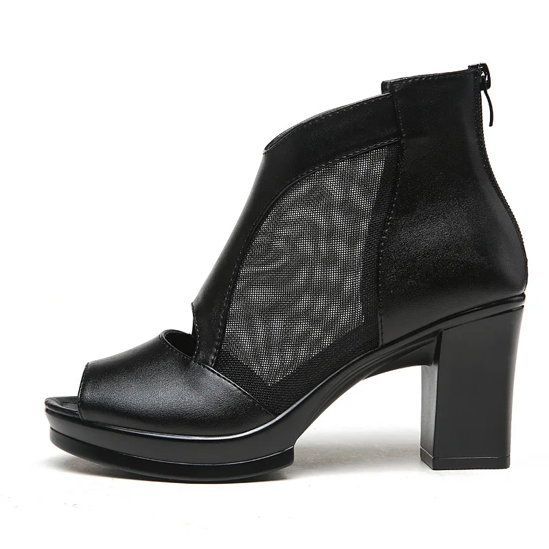 001 Tacón Vaca Zapatos Black Botas Moda De Pez Famosa Malla Tobillo 002 Cabeza 2018 black Piel Sandalias Sexy Mujer black Alto Verano 003 6Uwq6xf