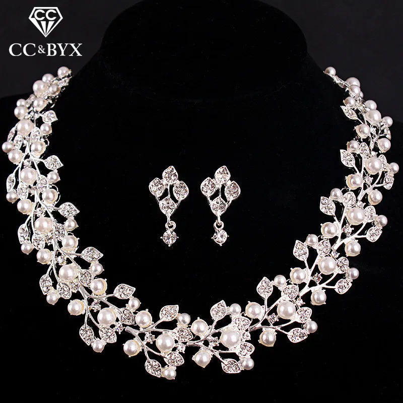 

CC wedding jewelry For Women Bridal Pearl & Crystal Necklace Earring Sets Beautiful Flower Shape Design Luxurious Fashion D004
