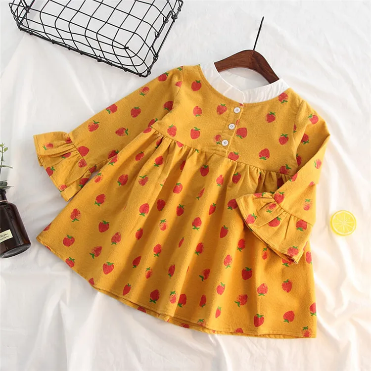 Fanfiluca Girls Dress 2018 Autumn Casual Style Girls Clothes Long Sleeve Strawberry Pattern Cotton Stand Collar Dress016