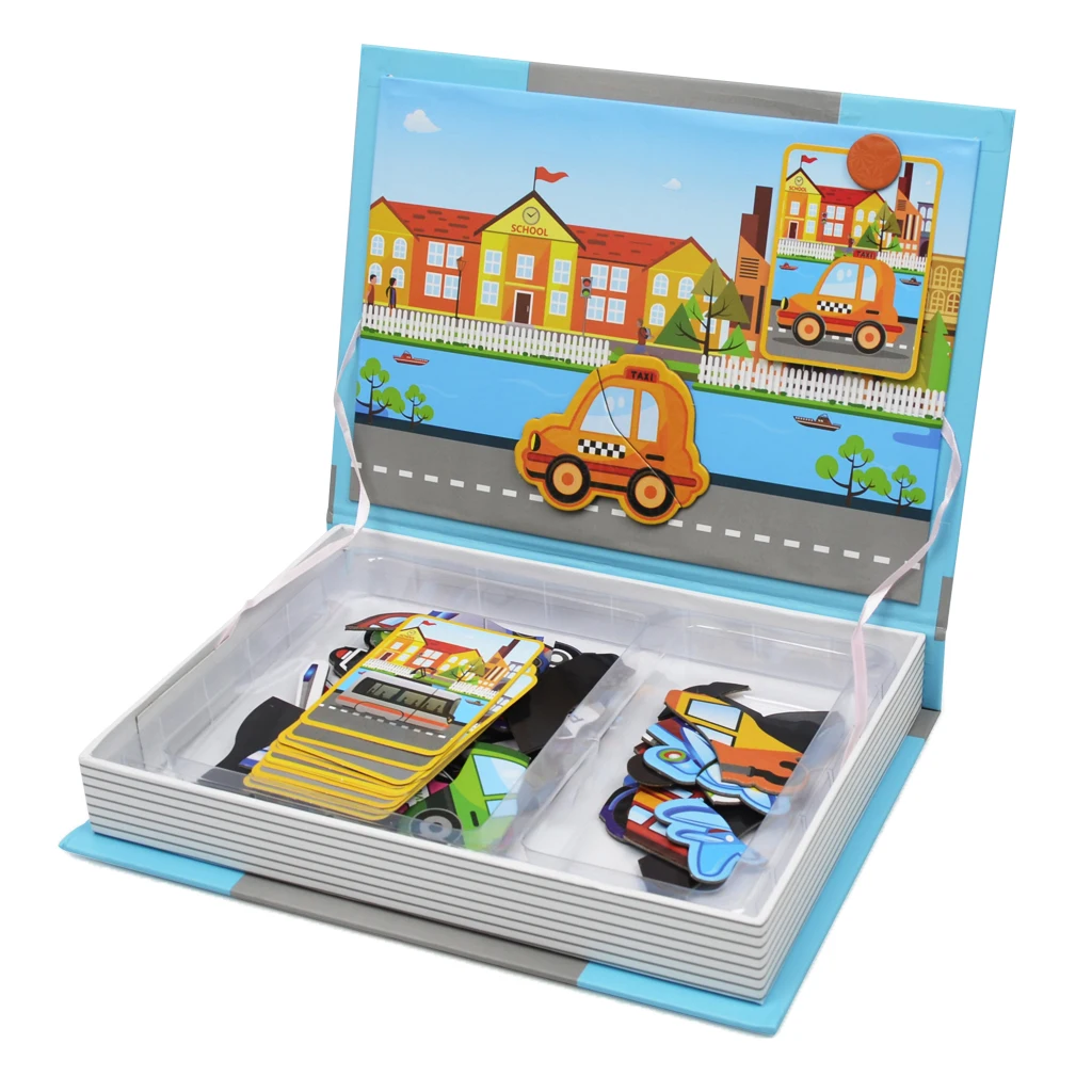 77Pcs/ Set Magnetic Puzzles Book Educational Drawing Toys 3D Vehicle Matching Jigsaw for Baby Toddlers Cognition Developmental