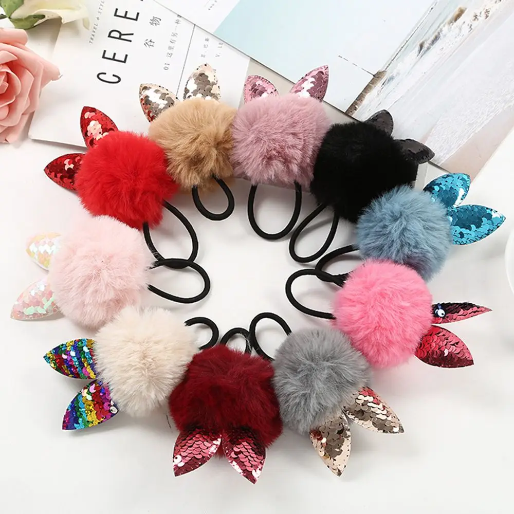 

1pcs Fake Rabbit Fur Ball Elastic Hair Band Cute Girls Cat ear pompom Hair rope