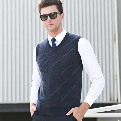 Новое поступление модные осень-зима чистый шерсть жаккард молодежи свитер без рукавов v-образным вырезом жилет, без рукавов мужские Размер MLXL2XL3XL - Цвет: dark gray