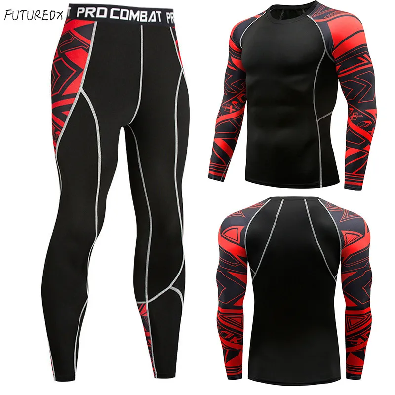 

New Men's Suit 2 Piece Sportswear Men's Long Sleeve MMA Fitness T-Shirt + Men's Tights Fitness Sports Base Compression Set