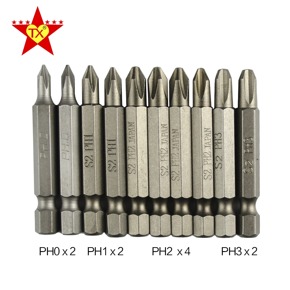 

TX 50mm 10Pcs S2 Hex Shank Screwdriver Bits Set Strong Megnetic Phillips Tip PH0 PH1 PH2 PH3 Screwdrivers Bit Hand tools kit