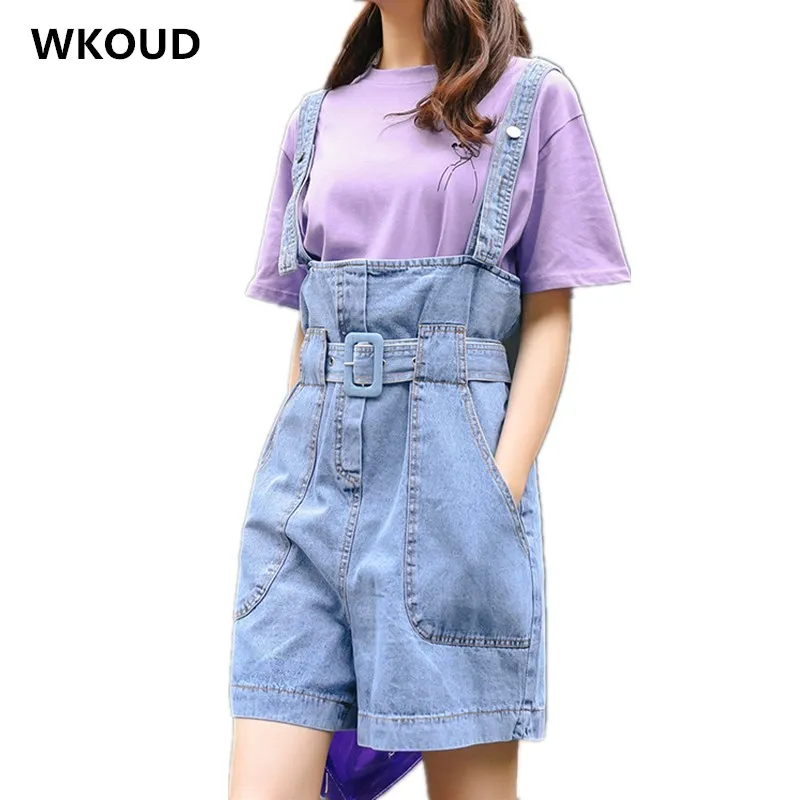 

WKOUD Summer Denim Jumpsuit For Women Vintage Jeans Loose Overalls Belted Students Rompers Female Denim Shorts 2019 Casual P8919