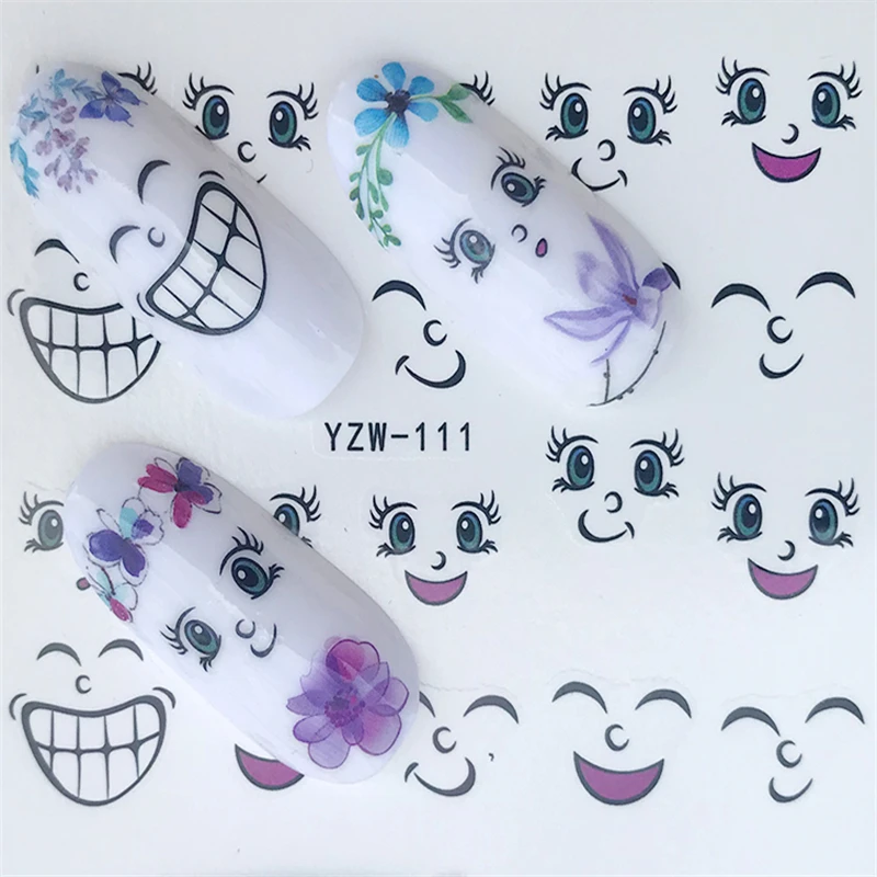 YZWLE 1 лист на выбор разные Цвета рисунком в виде улыбающихся рожиц; с украшением в виде цветов Нейл-арт Декор воды переносит гвоздь Стикеры для дам наклейки