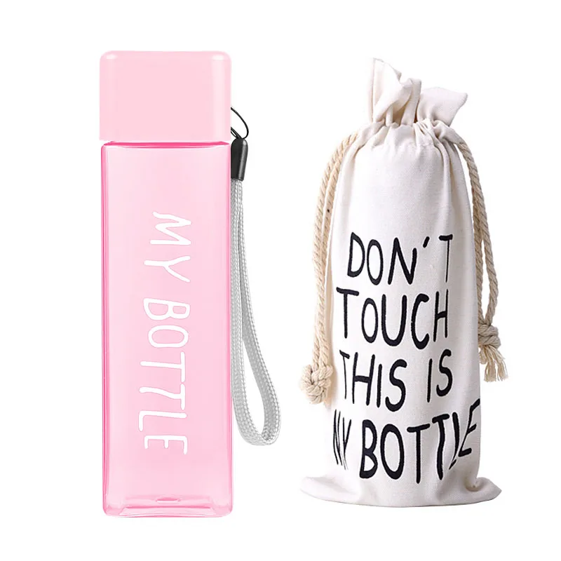 Новые пластиковые бутылки для воды 500 мл My bottle для воды с веревкой, прозрачная Квадратная бутылка для напитков, спортивный корейский стиль, термостойкая - Цвет: pink and bag