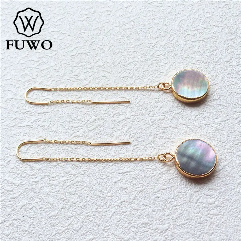FUWO Natural Black Freshwater Pearls Threader Earrings With Gold Brass Plated Fashion Round Sea Jewelry For Women ER510